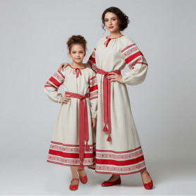 Платье Вологда, лен с красным